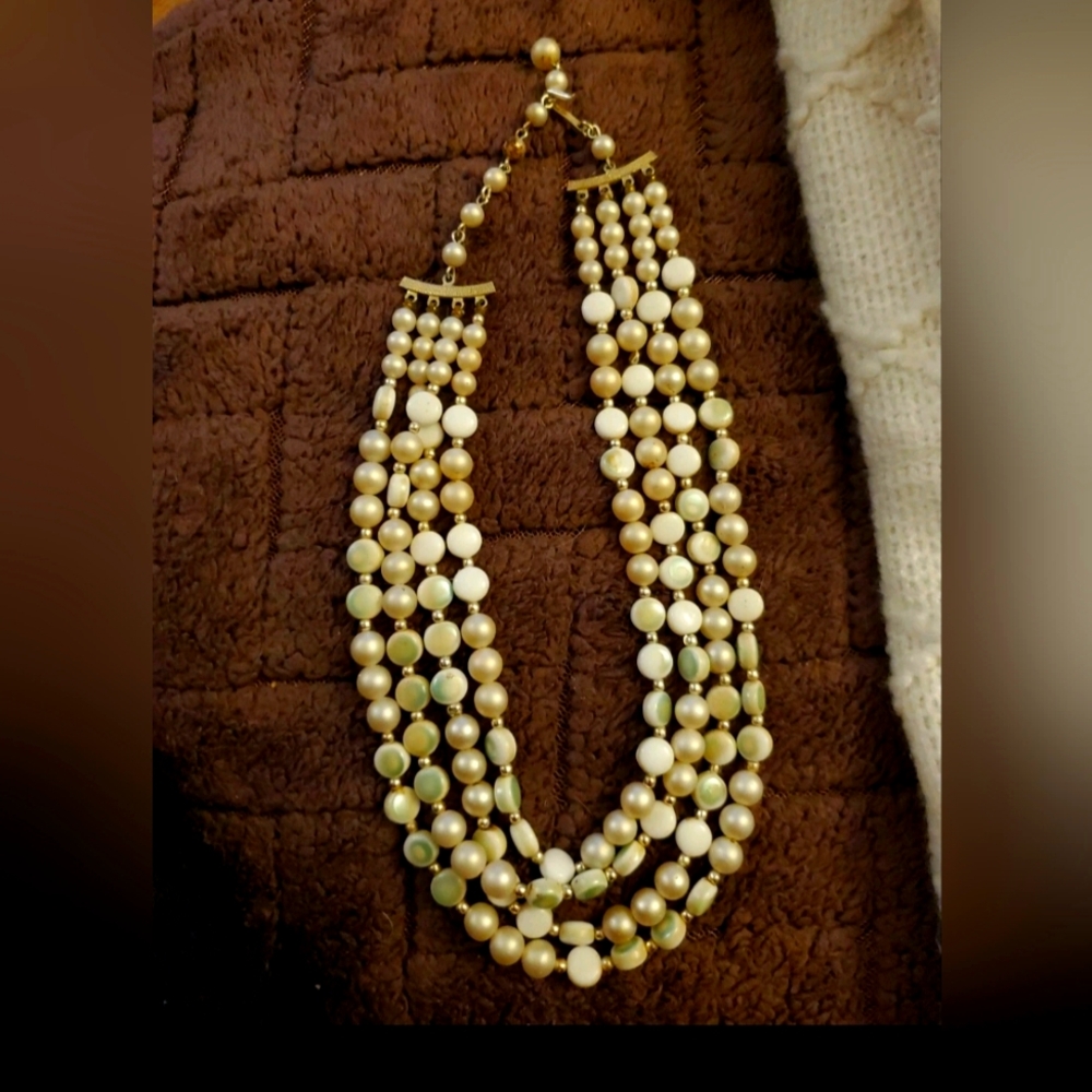 Japan Multi strand White Bead Adjustable necklace. Signed Japan